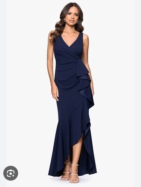 Betsy & Adam Navy V-Neck Ruffle High-Low Gown, Size 8